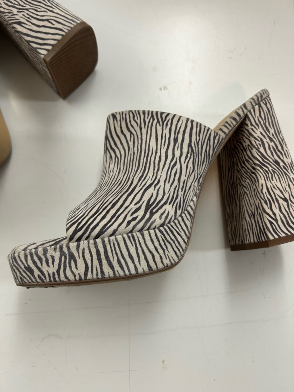 Free People Zebra-Print Open Toe Block Heel Mules in White and Black - Picture 8 of 11